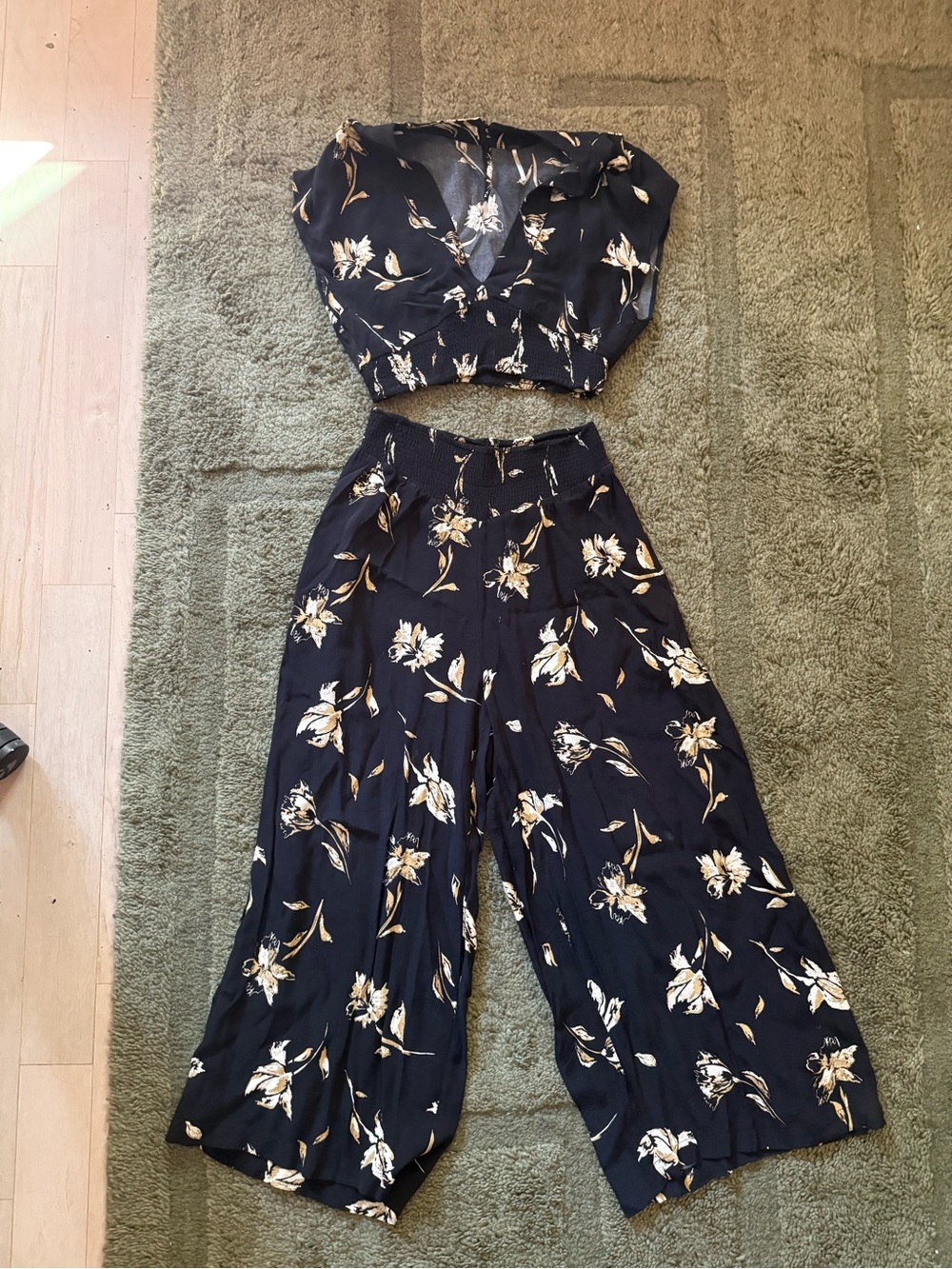 Free People Black Floral Wide Leg Pants & Cropped Top Set